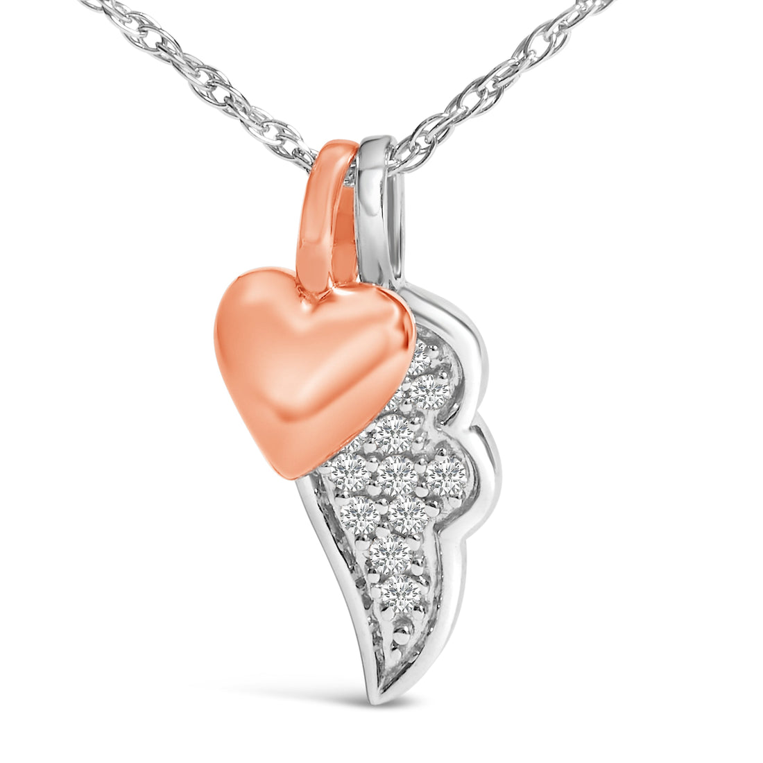 14K Rose Gold Plated Sterling Silver 1/10 Cttw Diamond Heart &amp; Wing Pendant Necklace by Bids.com