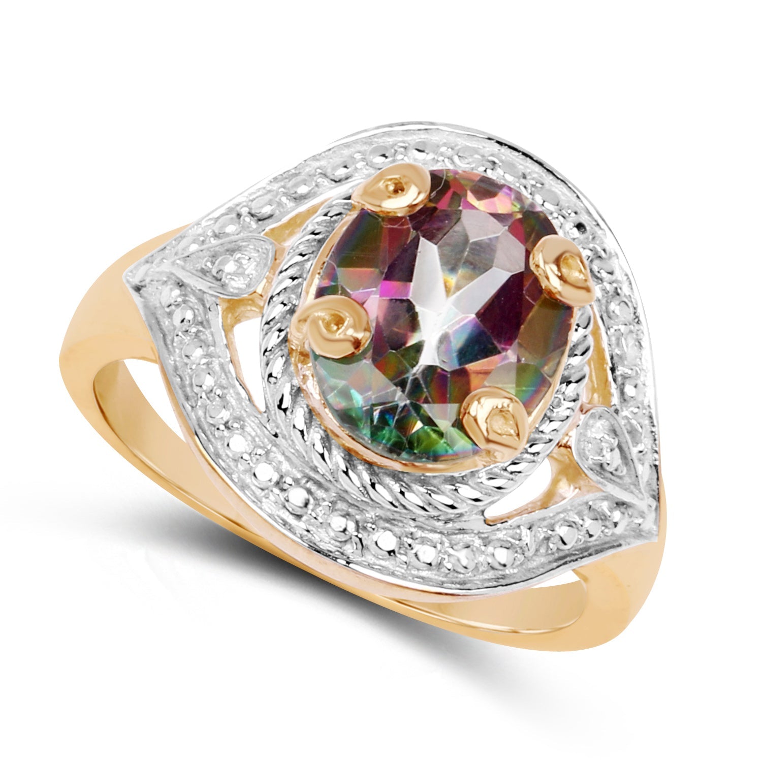 14K Yellow Gold Plated 3.15 Carat Genuine Quartz Mystic .925 Sterling Silver Ring by Bids.com