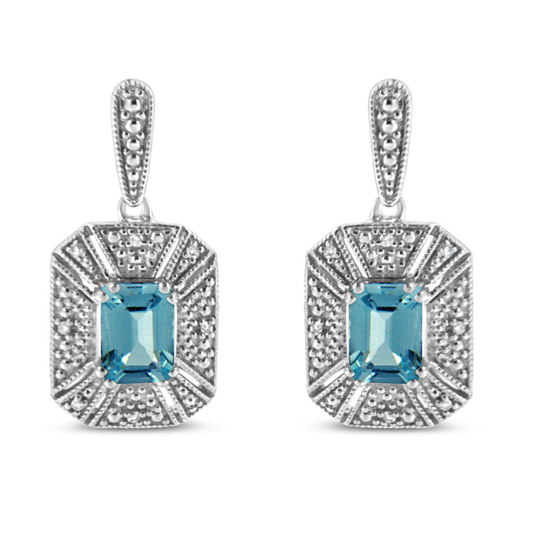 .925 Sterling Silver 7x5MM Emerald Shape Blue Topaz and Diamond Accent Art Deco Halo Style Drop and Dangle Earrings (I-J Color, I1-I2 Clarity) by Bids.com