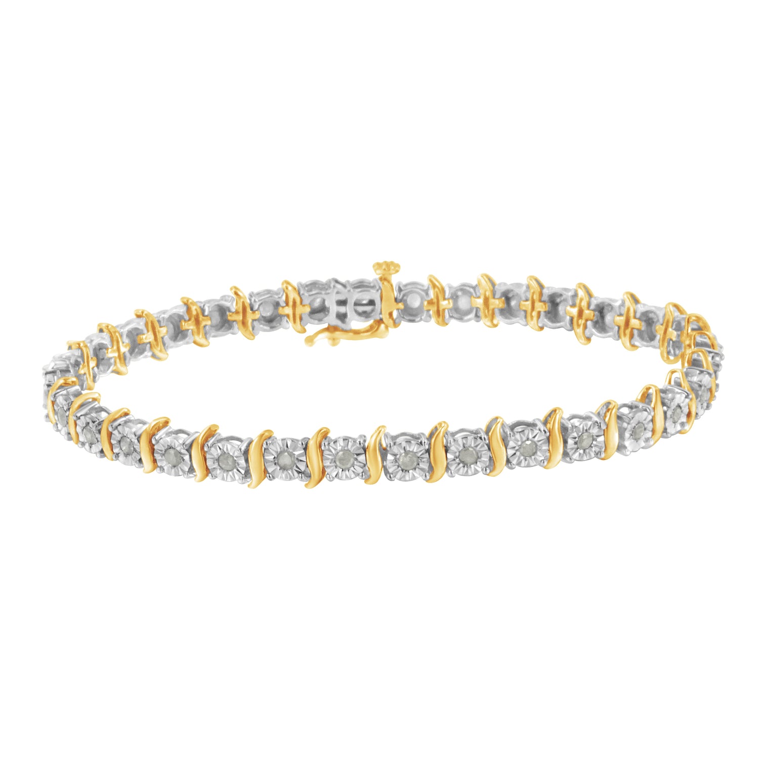Two-Tone 10K Yellow Gold over .925 Sterling Silver 1.0 Cttw Diamond S-Curve Link Miracle-Set Tennis Bracelet (I-J Color, I3 Clarity) - 7" by Bids.com