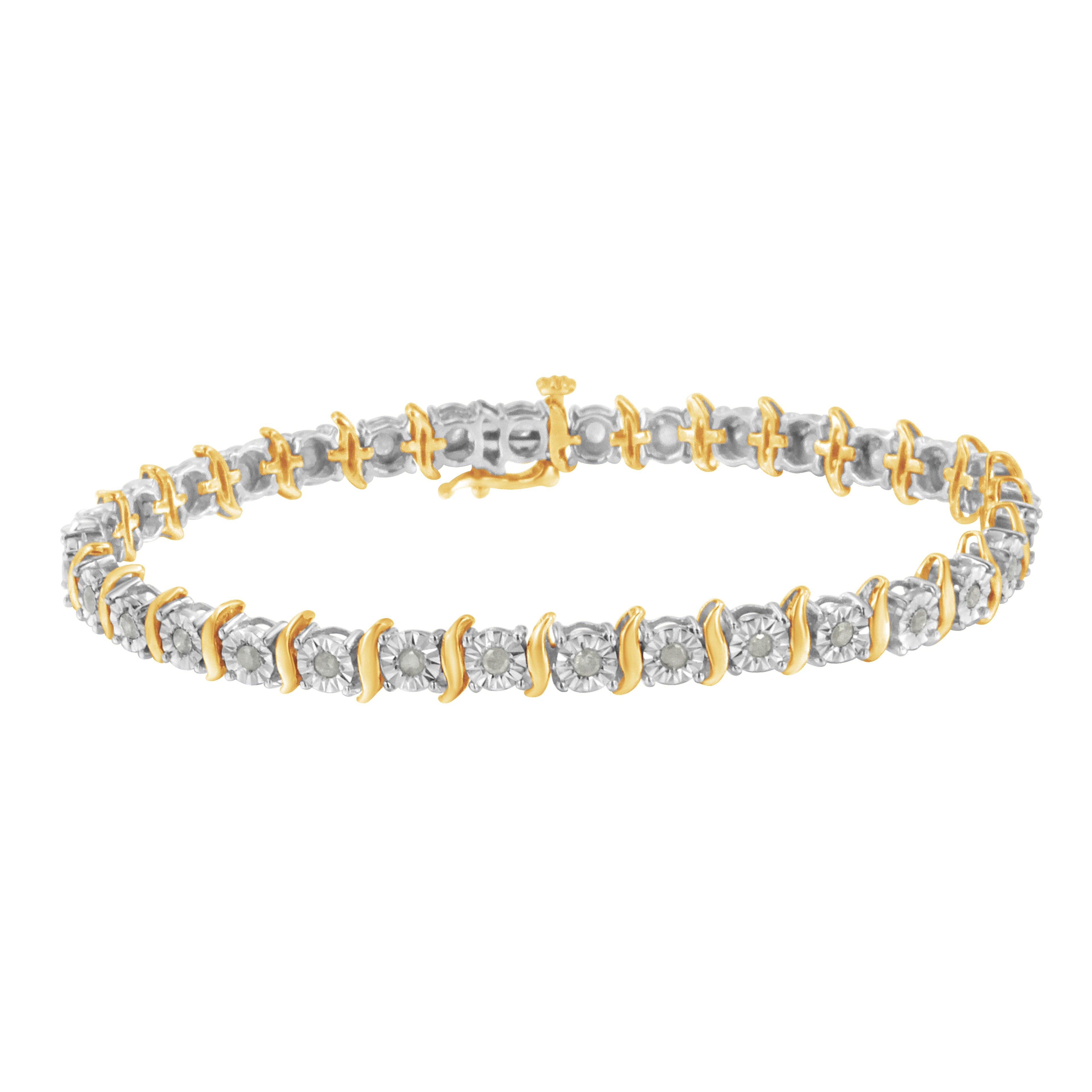 Two-Tone 10K Yellow Gold over .925 Sterling Silver 1.0 Cttw Diamond S-Curve Link Miracle-Set Tennis Bracelet (I-J Color, I3 Clarity) - 7" by Bids.com
