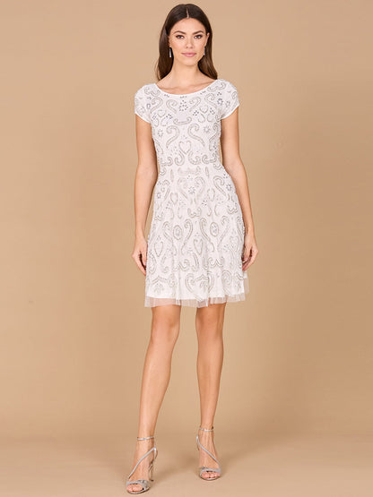 Lara Allison Short Sleeve Beaded Cocktail Dress in Ivory by Lara New York
