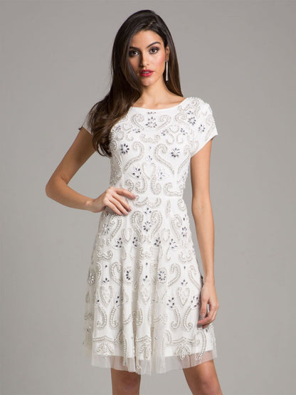 Lara Allison Short Sleeve Beaded Cocktail Dress in Ivory by Lara New York