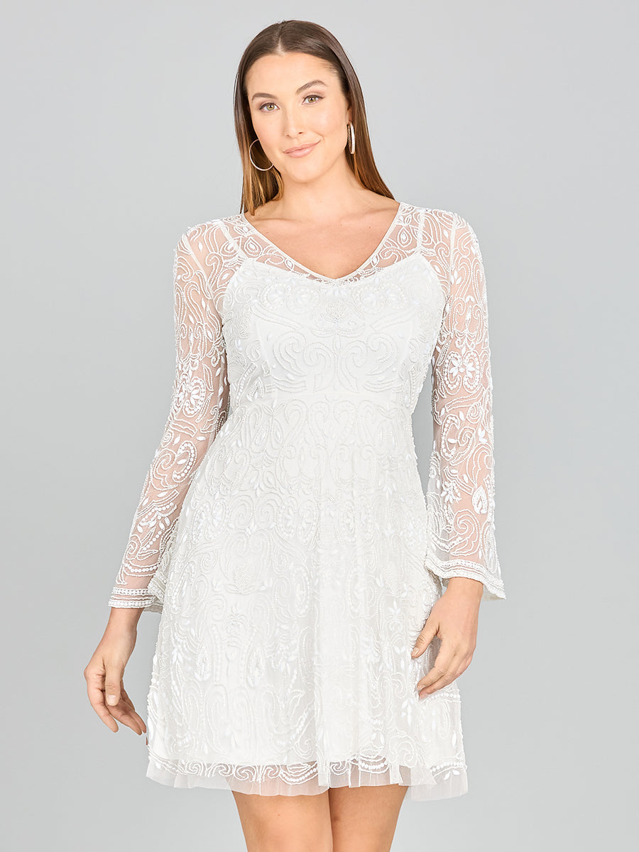 Lara Eliza Beaded A-line Bell Sleeve Bridal Short Dress by Lara New York