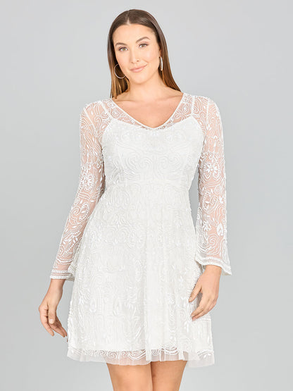 Lara Eliza Beaded A-line Bell Sleeve Bridal Short Dress by Lara New York