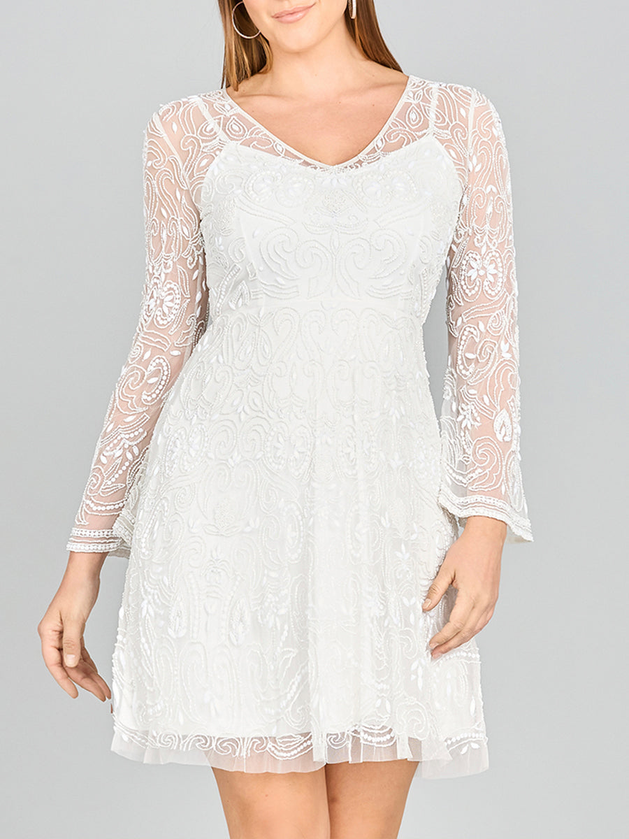 Lara Eliza Beaded A-line Bell Sleeve Bridal Short Dress by Lara New York