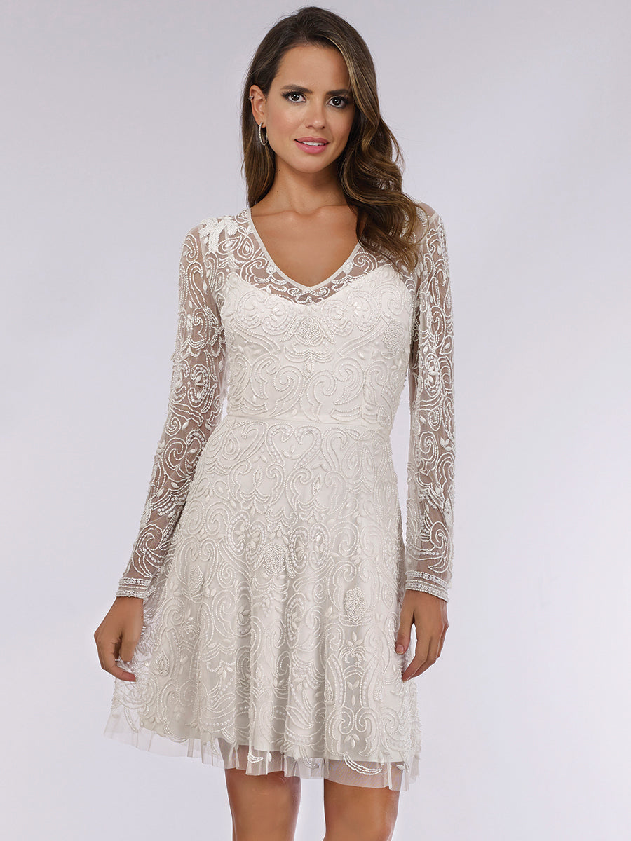 Lara Eliza Beaded A-line Bell Sleeve Bridal Short Dress by Lara New York
