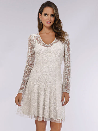 Lara Eliza Beaded A-line Bell Sleeve Bridal Short Dress by Lara New York