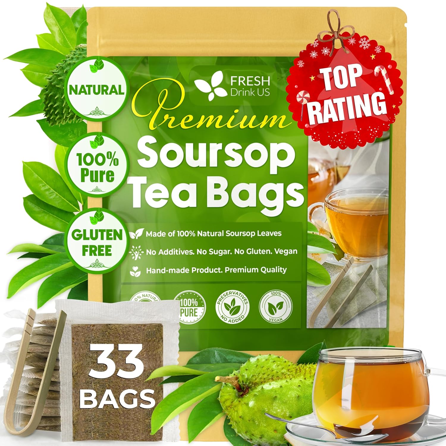 Premium Soursop Leaves Tea bags, Dried Soursop Leaves, Soursop Leaf Powder, Guanabana Leaves Tea, Hoja Guanabana Tea by FreshDrinkUS - Natural and Premium Herbal Tea