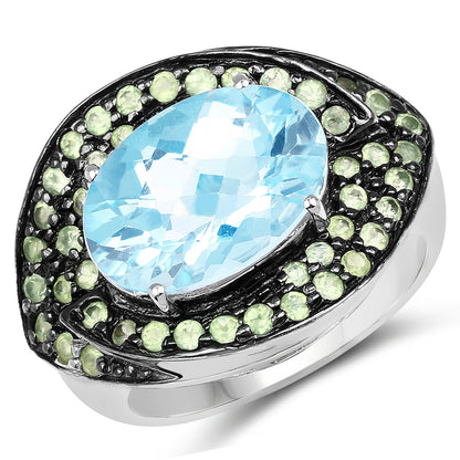 7.39 Carat Genuine Blue Topaz and Peridot .925 Sterling Silver Ring by Bids.com