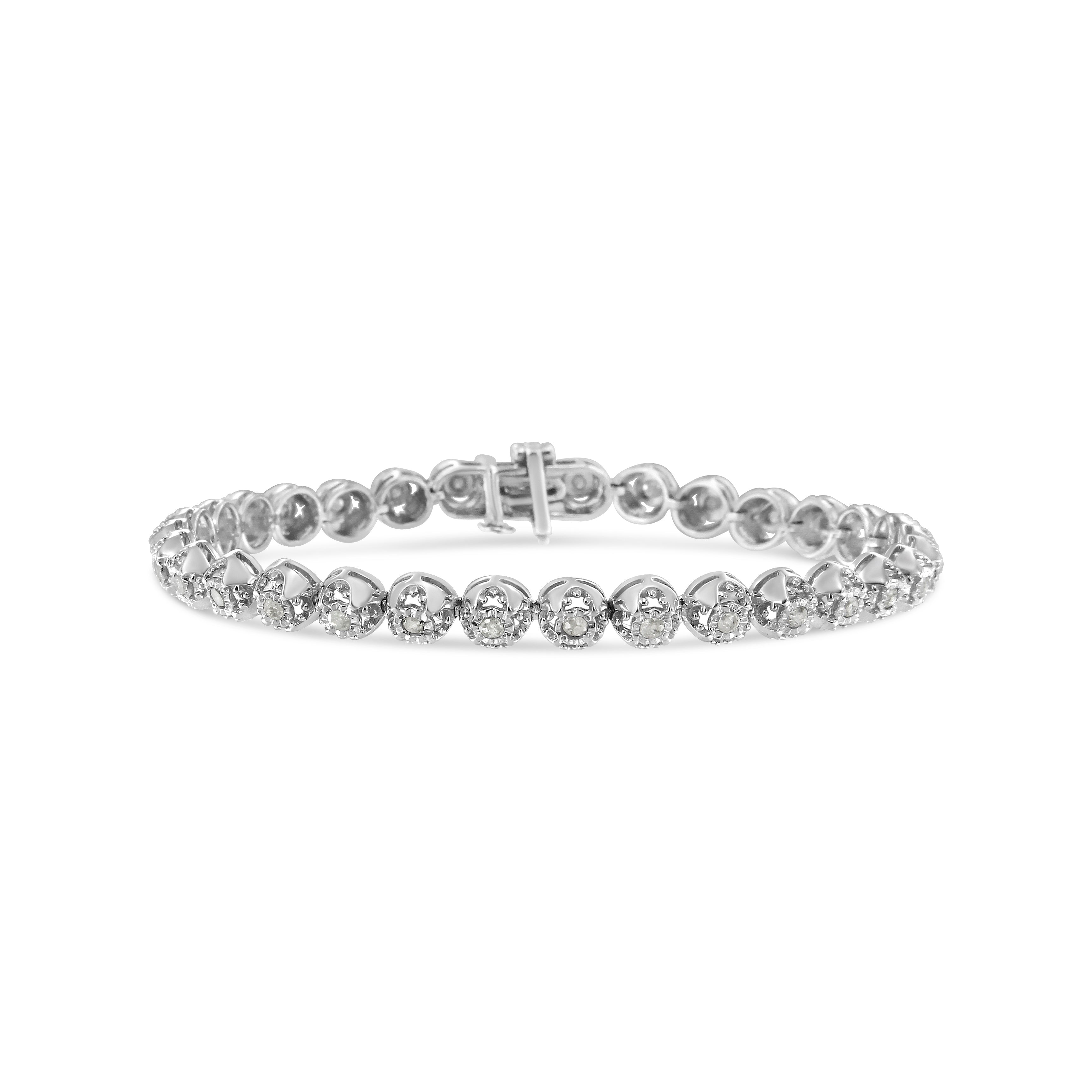.925 Sterling Silver 1.0 Cttw Diamond Miracle-Plate Open Quatrefoil Flower Circle-Link 7" Tennis Bracelet (I-J color, I3 clarity) by Bids.com