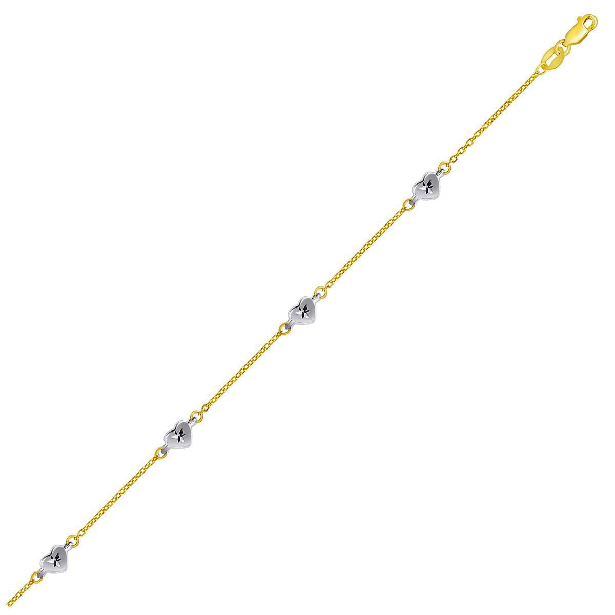 14k Two Tone Gold Anklet with Diamond Cut Heart Style Stations by Bids.com