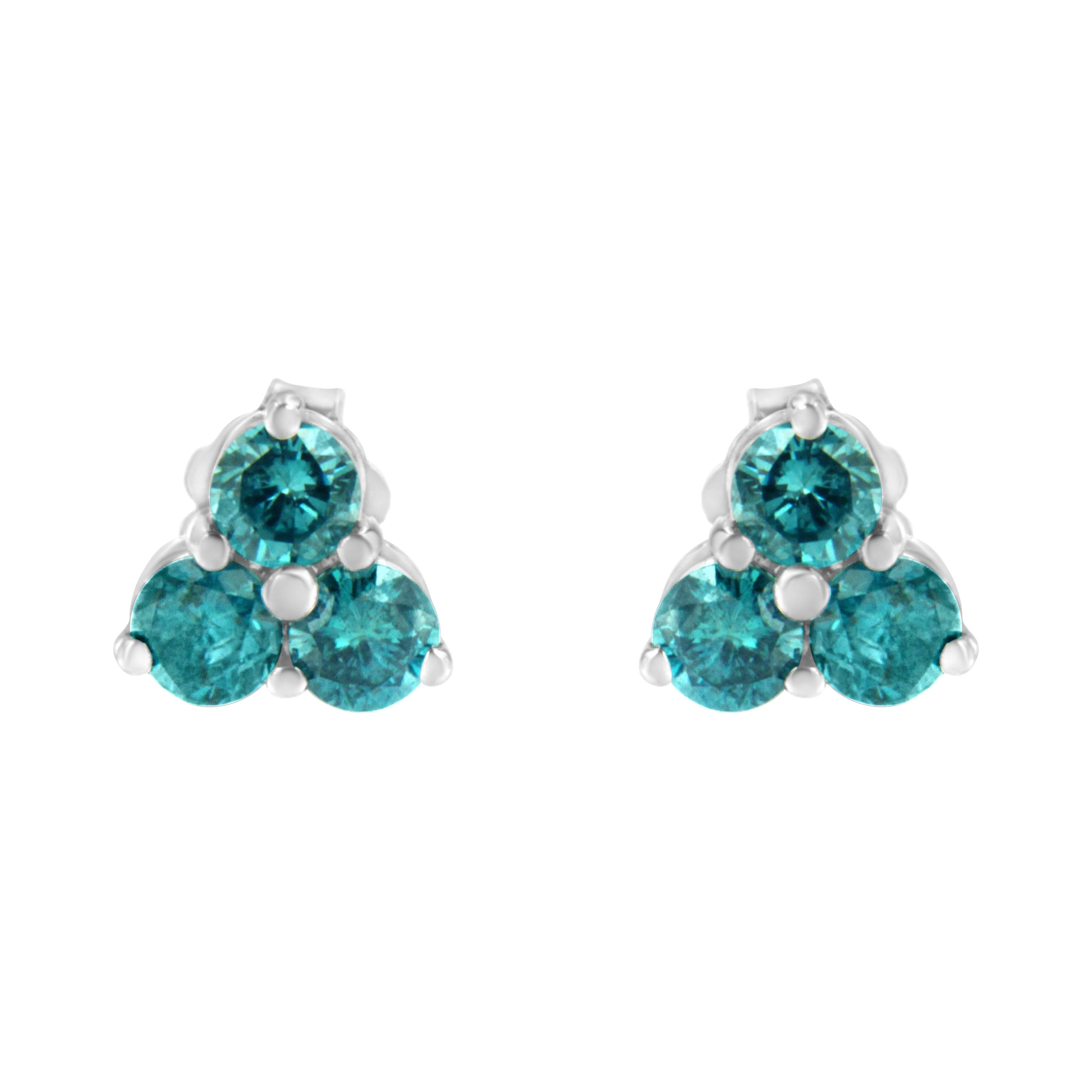 14KT White Gold Treated Blue Diamond Trio Stud Earrings (1 1/3 cttw, Blue) by Bids.com