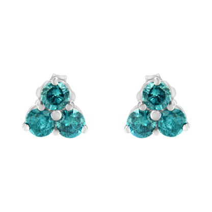 14KT White Gold Treated Blue Diamond Trio Stud Earrings (1 1/3 cttw, Blue) by Bids.com