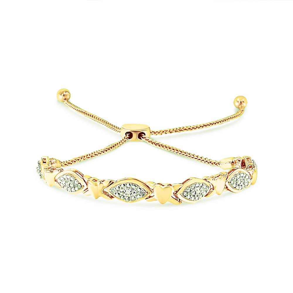 14K Yellow Gold Plated .925 Sterling Silver Diamond Accent Alternating Marquise Shape and Heart Links Bolo Bracelet (I-J Color, I3 Clarity) - Adjustable 6" to 9" by Bids.com