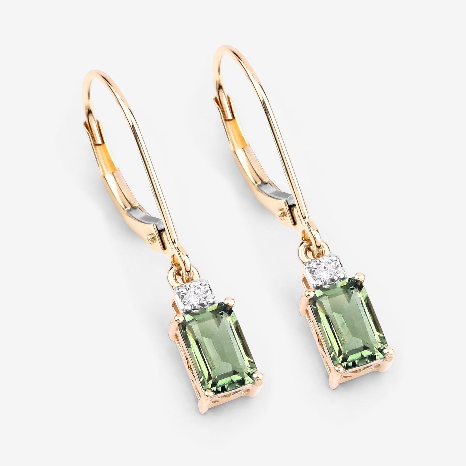 1.28 Carat Genuine Green Tourmaline and White Diamond 14K Yellow Gold Earrings  DestGlow