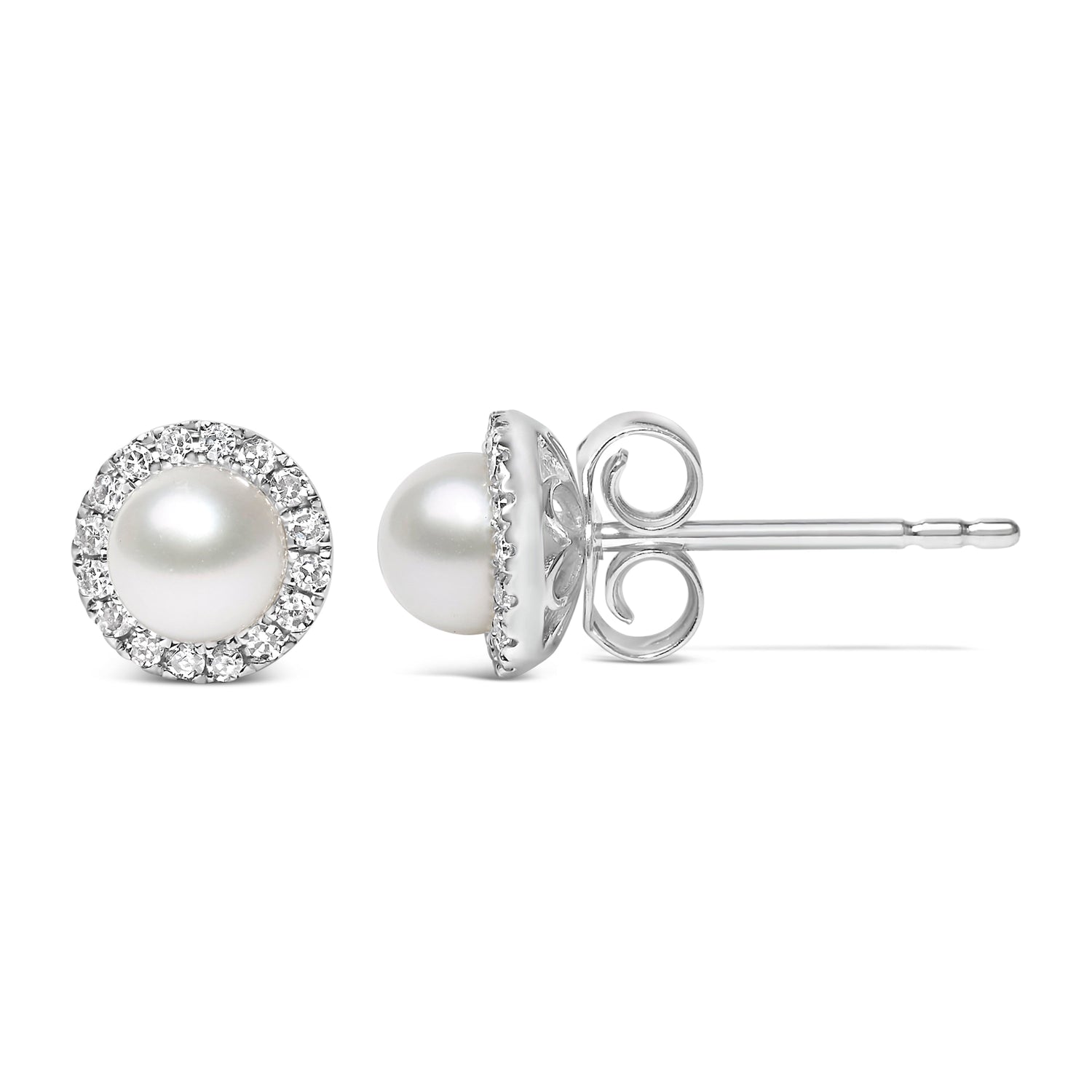 10K White Gold 4.5mm Cultured Freshwater Pearl and 1/7 Cttw Diamond Halo Stud Earring (I-J Color, I1-I2 Clarity) by Bids.com