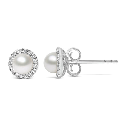 10K White Gold 4.5mm Cultured Freshwater Pearl and 1/7 Cttw Diamond Halo Stud Earring (I-J Color, I1-I2 Clarity) by Bids.com