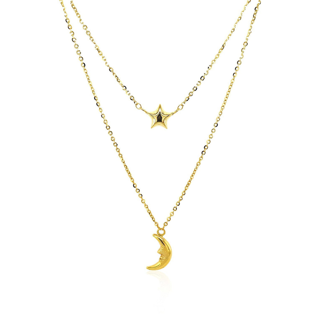 14k Yellow Gold Double-Strand Chain Necklace with Puff Moon and Star by Bids.com