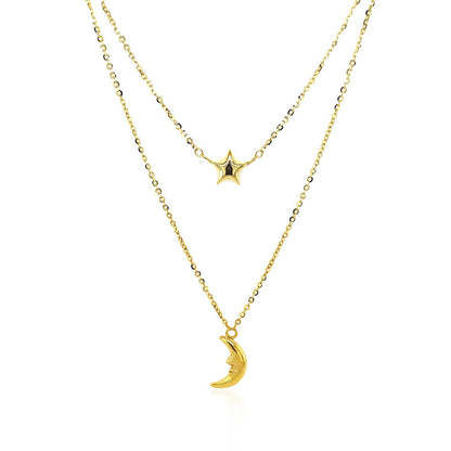 14k Yellow Gold Double-Strand Chain Necklace with Puff Moon and Star by Bids.com