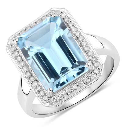 5.81 Carat Genuine Blue Topaz and White Diamond .925 Sterling Silver Ring  DestGlow