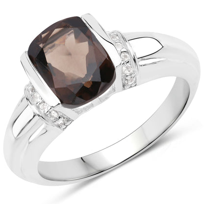 2.03 Carat Genuine Smoky Quartz &amp; White Topaz .925 Sterling Silver Ring  DestGlow