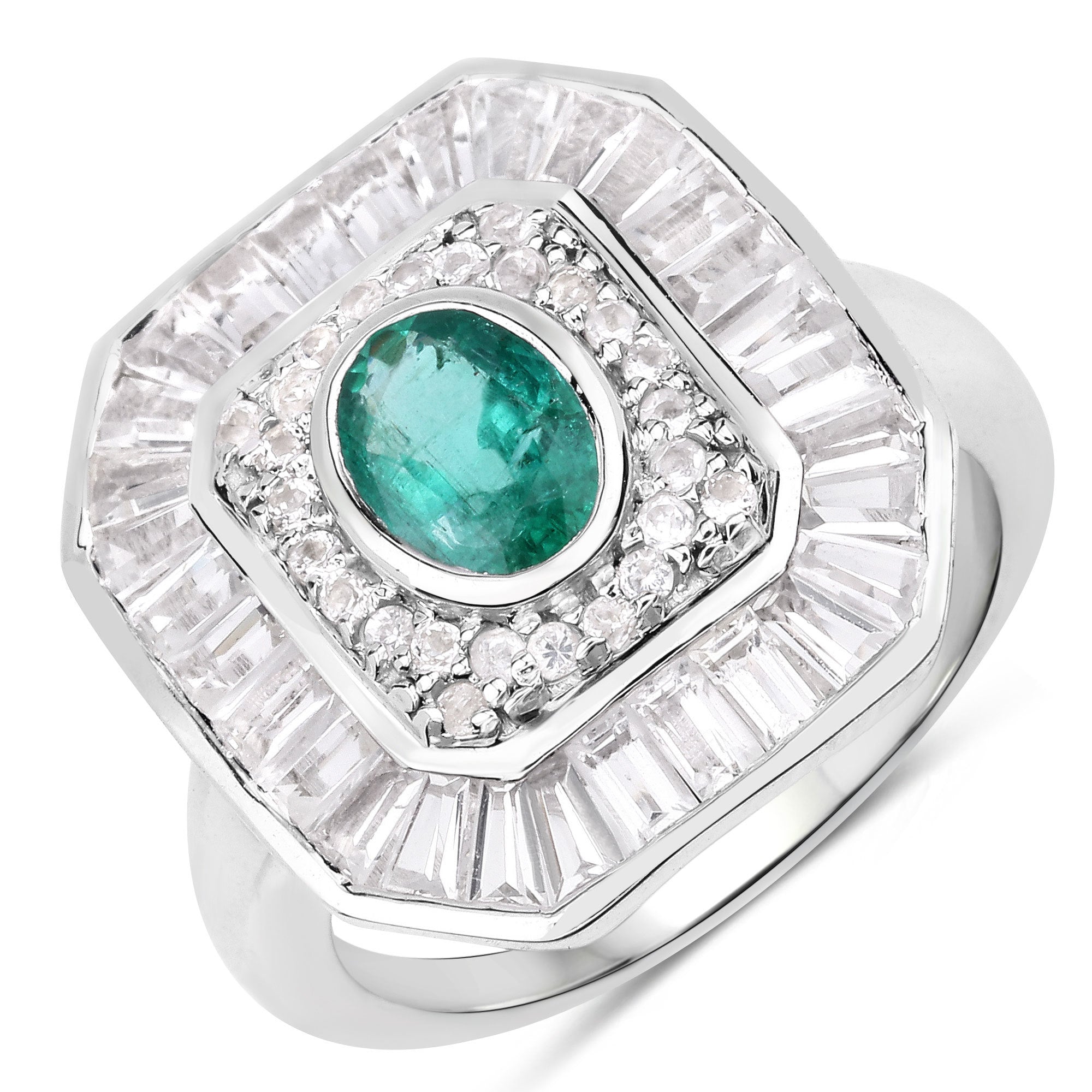 3.14 Carat Genuine Zambian Emerald and White Topaz .925 Sterling Silver Ring  DestGlow