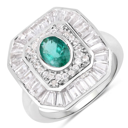 3.14 Carat Genuine Zambian Emerald and White Topaz .925 Sterling Silver Ring  DestGlow