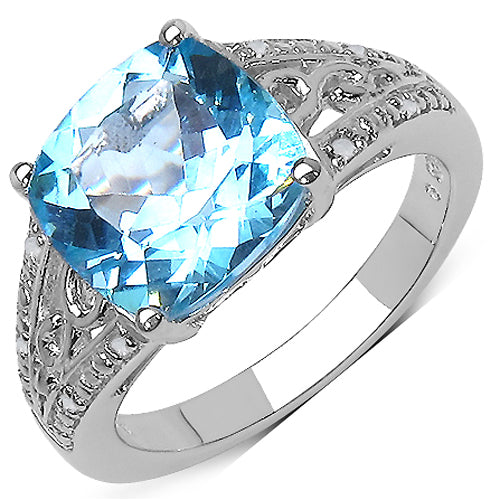 5.05 Carat Genuine Blue Topaz and 0.05 ct.t.w Genuine Diamond Accents Sterling Silver Ring by Bids.com