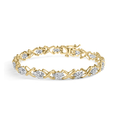 10k Yellow Gold 2.00 Cttw Diamond Cluster and Alternating "X" Link Bracelet (I-J Color, I3 Clarity) - 7" by Bids.com