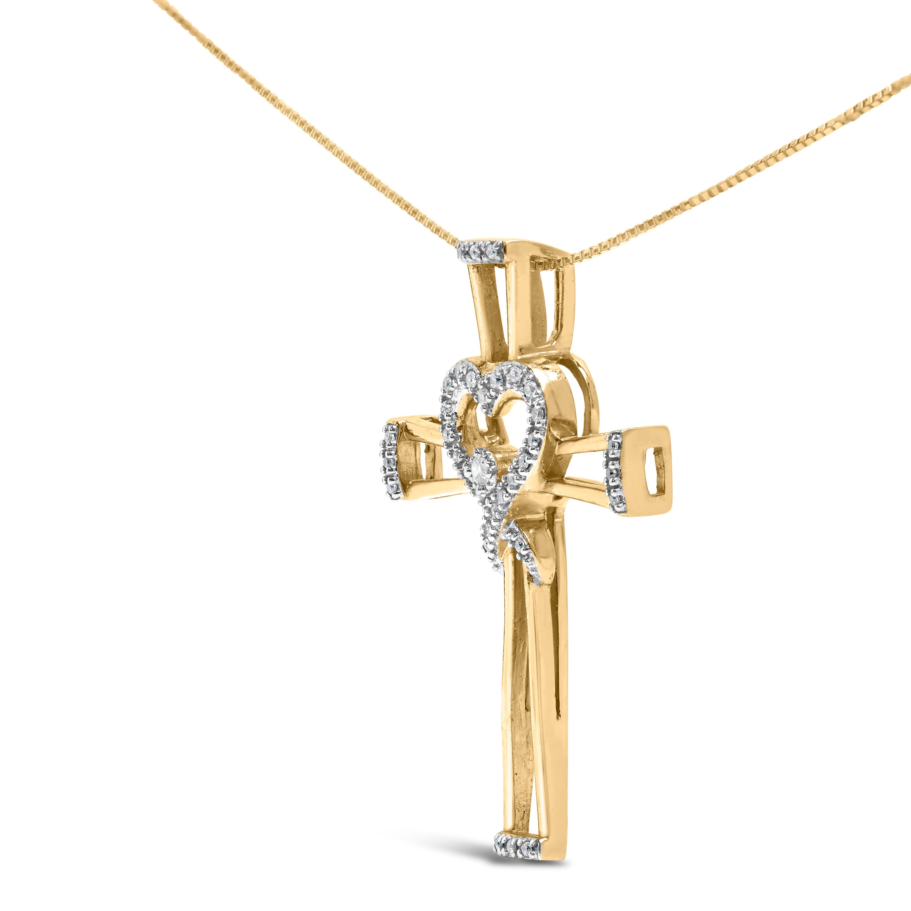 14K Yellow Gold Plated .925 Sterling Silver 1/6 Cttw Diamond Interlocking Heart and Ribbon Cross Pendant Necklace (H-I Color, I2-I3 Clarity) - 18" Inches by Bids.com