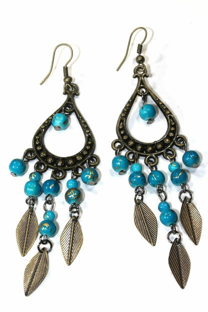 Free Spirit Leaf Dangler Earrings - Baroque Chandelier Earrings with Marbled Beads
