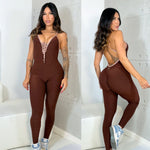 BROWN AND ROSE DETAIL JUMPSUIT 