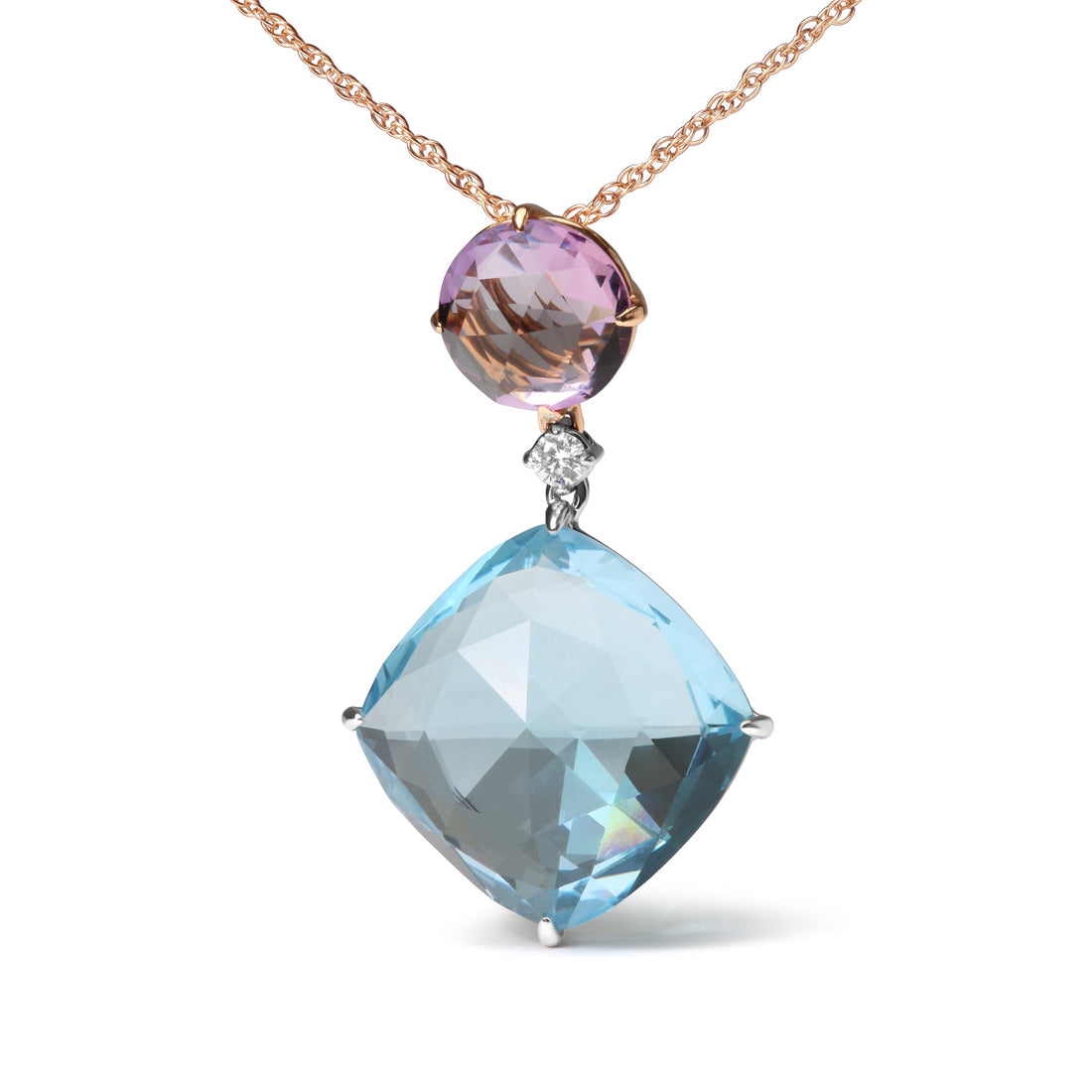 18K White and Rose Gold Round Diamond Accent and Round Rose De France Pink Amethyst and Cushion Cut Sky Blue Topaz Dangle Drop 18" Pendant Necklace (G-H Color, SI1-SI2 Clarity) by Bids.com