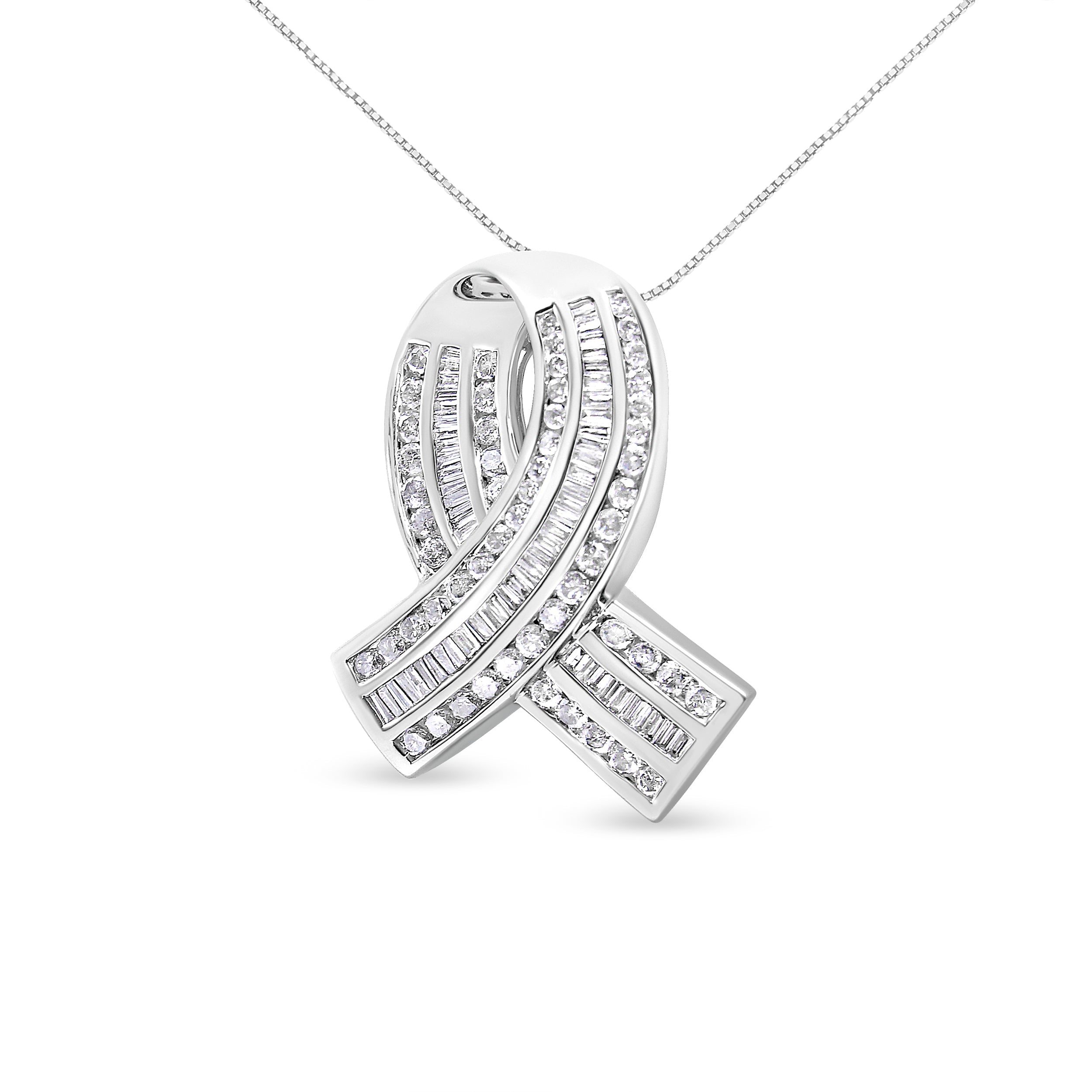 14K White Gold 2 5/8 Cttw Channel Set Round and Baguette Diamond Awareness Ribbon Pendant (H-I Color, I1-I2 Clarity) - Chain Not Included by Bids.com