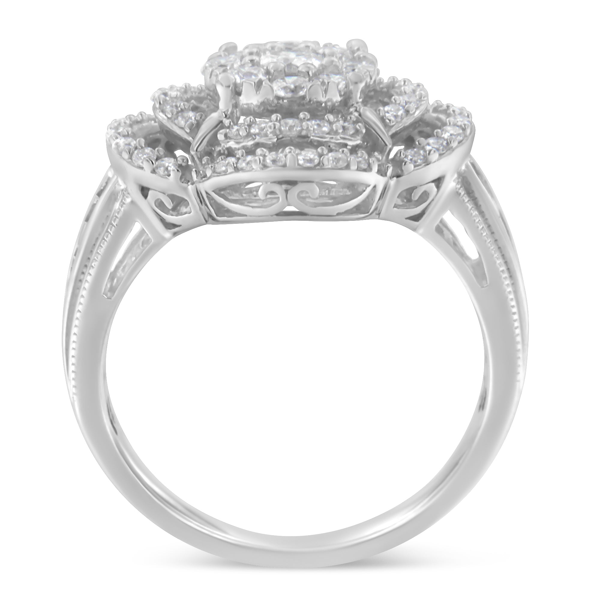 14K White Gold 1.0 Cttw Round &amp; Baguette Cut Diamond Floral Cluster Quatrefoil Channel Set Band Cocktail Statement Ring (H-I Color, SI2-I1 Clarity) - Size 6-3/4 