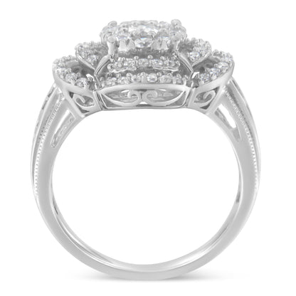 14K White Gold 1.0 Cttw Round &amp; Baguette Cut Diamond Floral Cluster Quatrefoil Channel Set Band Cocktail Statement Ring (H-I Color, SI2-I1 Clarity) - Size 6-3/4 