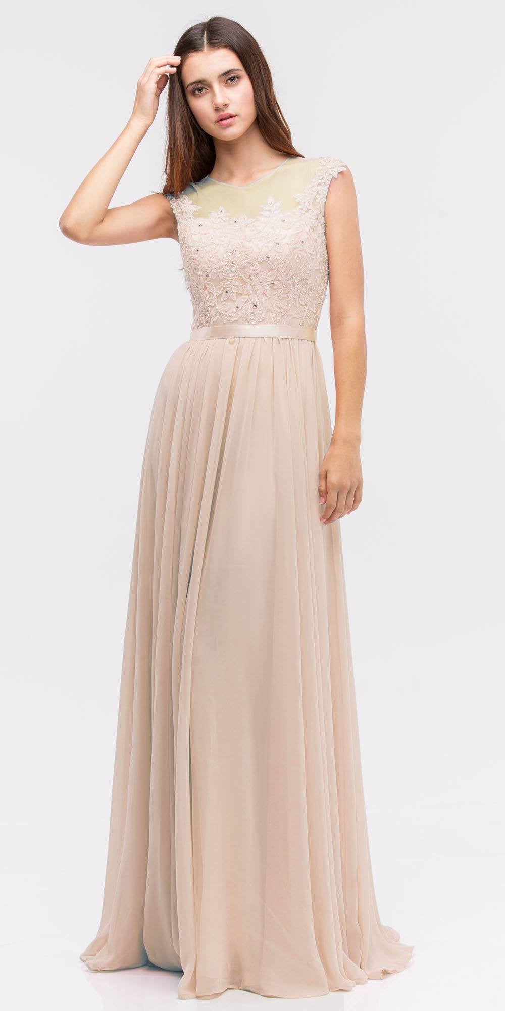 CLEARANCE - Eureka 3611 Lace Illusion Bodice Bateau Neck A-line Long Dress (Size L) by DiscountDressShop