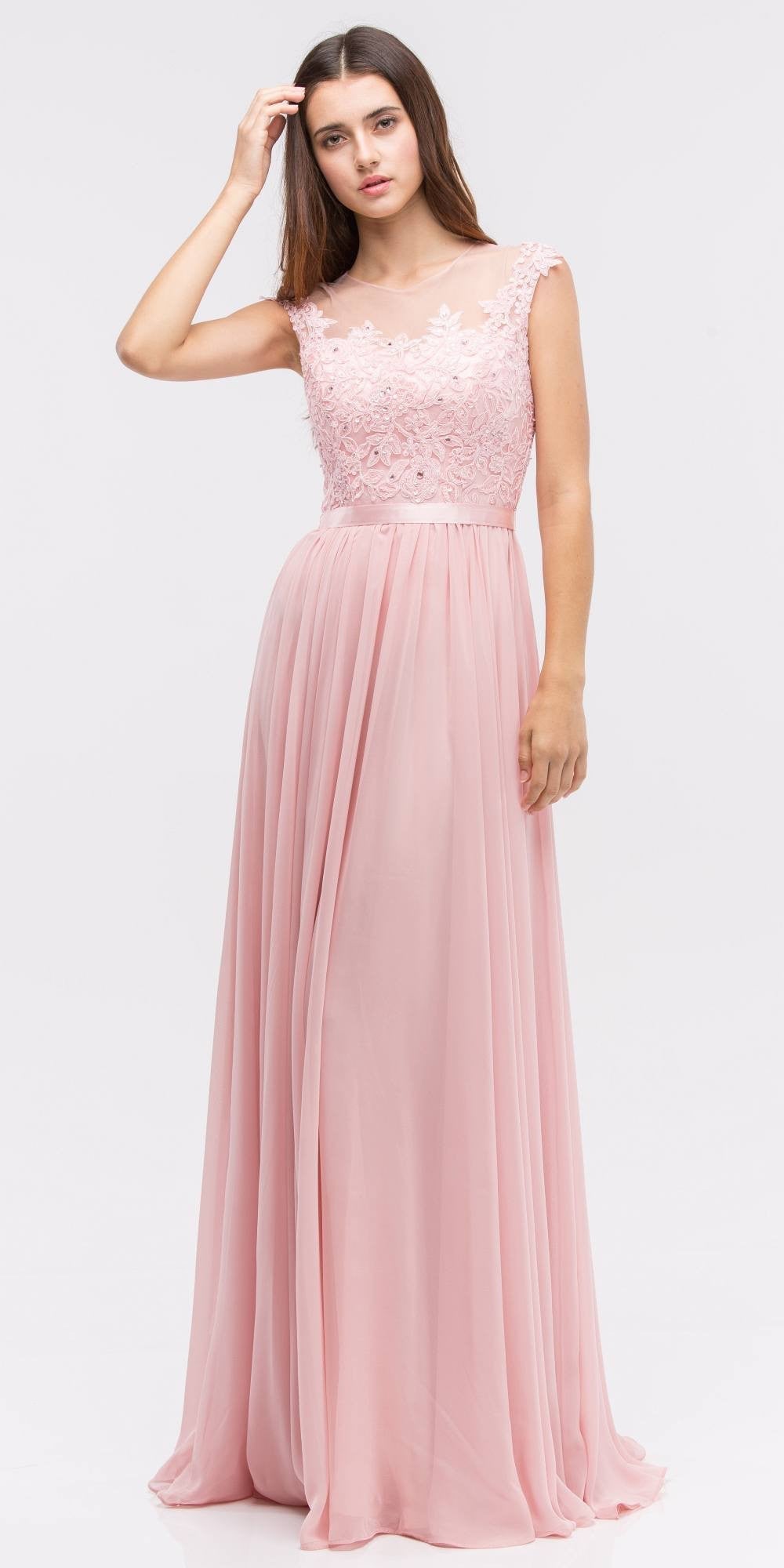 CLEARANCE - Eureka 3611 Lace Illusion Bodice Bateau Neck A-line Long Dress (Size L) by DiscountDressShop