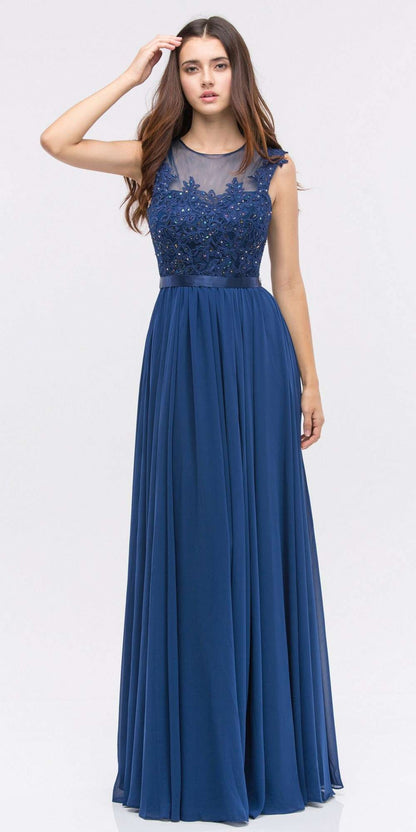 CLEARANCE - Eureka 3611 Lace Illusion Bodice Bateau Neck A-line Long Dress (Size L) by DiscountDressShop