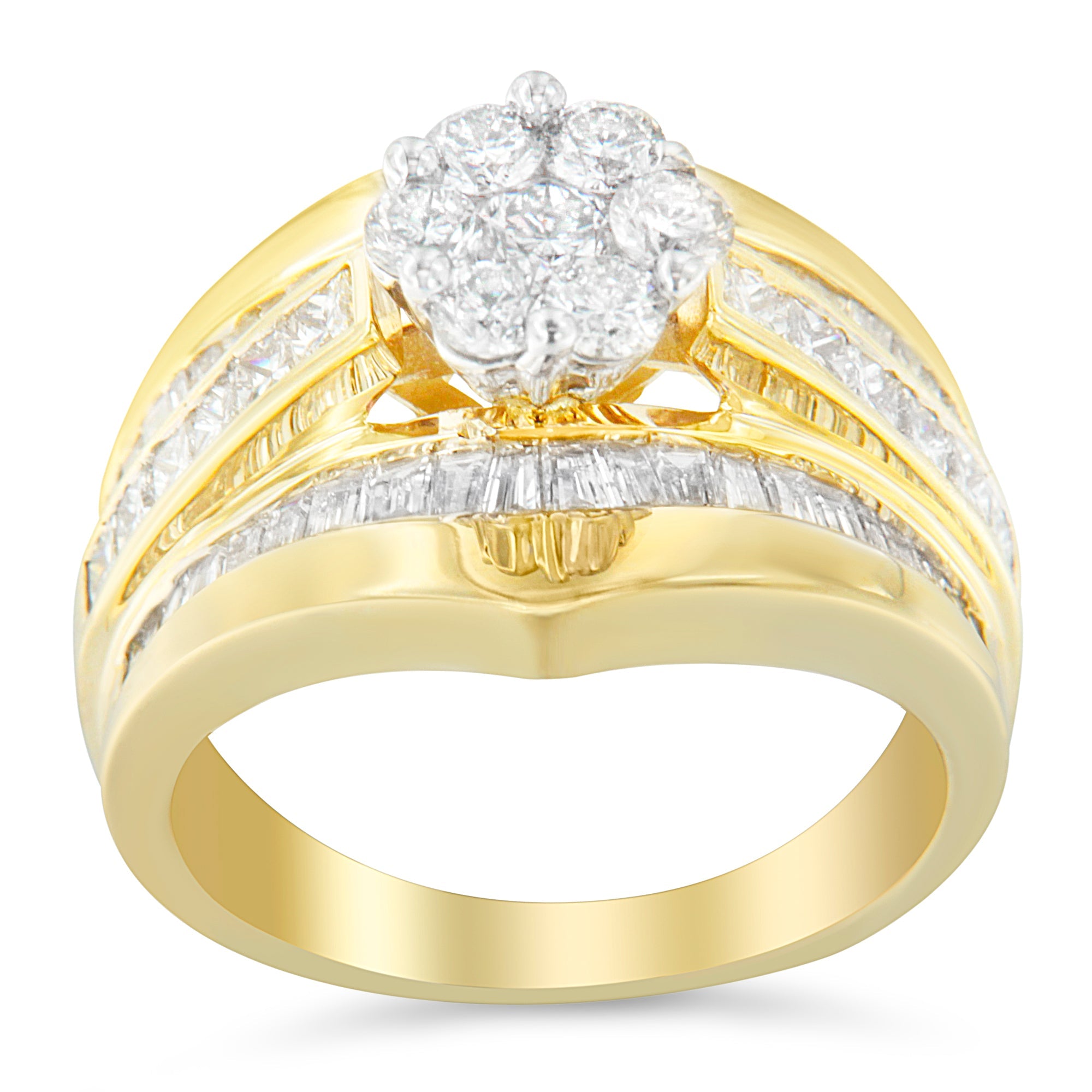 14K Yellow Gold 2-1/3 Cttw Diamond Cluster Channel Set Chevron Shaped Band Engagement Ring &amp; Wedding Band Set