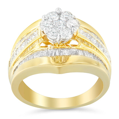 14K Yellow Gold 2-1/3 Cttw Diamond Cluster Channel Set Chevron Shaped Band Engagement Ring &amp; Wedding Band Set
