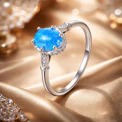 925 Sterling Silver Opal Rings in Size 6.0 with Pave Setting &amp; Plated White Gold for Women