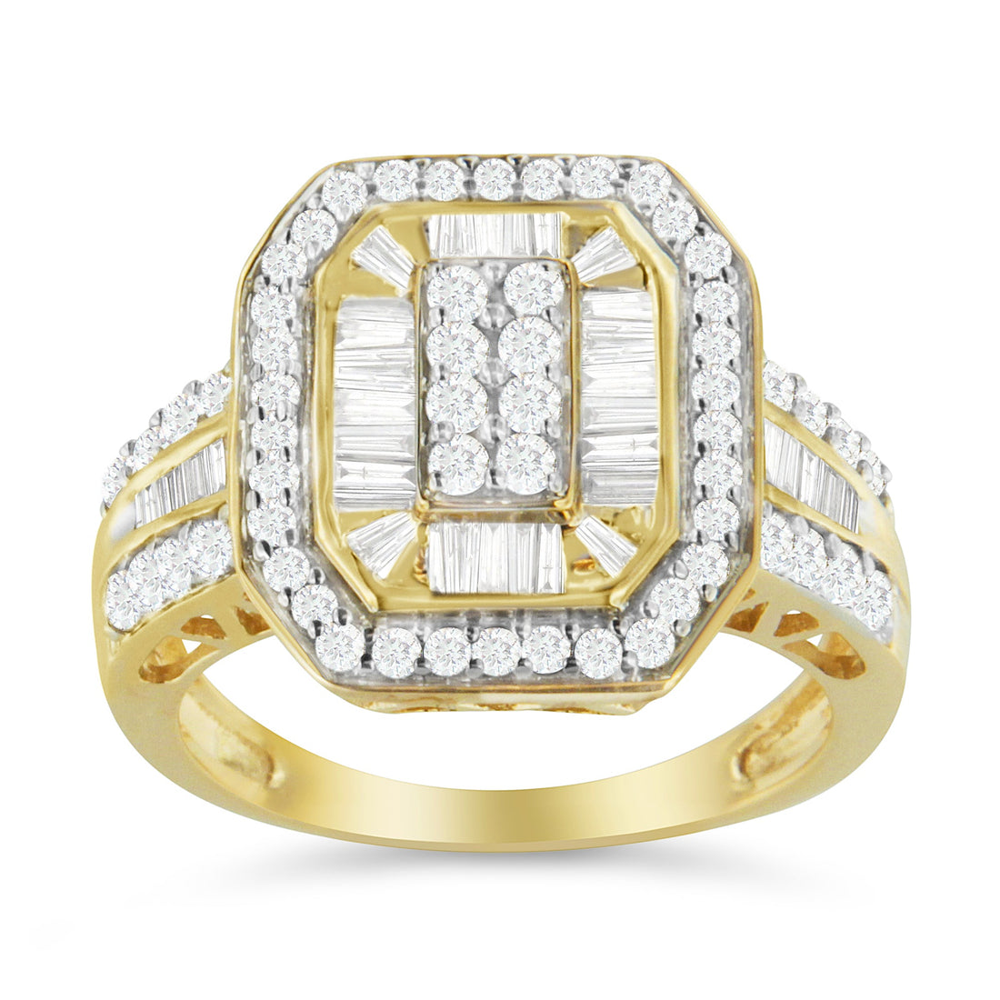 10K Yellow Gold 1.0 Cttw Diamond Vintage Inspired Baguette-Cut Double Halo Emerald-Shaped Frame Cocktail Ring (I-J Color, I1-I2 Clarity) - Size 6-1/2 by Bids.com