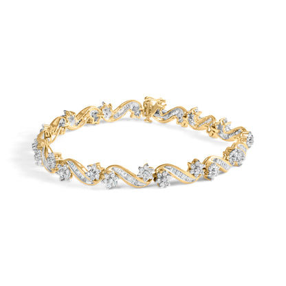 10k Yellow Gold 3.00 Cttw Round-Cut and Baguette-Cut Floral Link 7.25" Bracelet (I-J Color, I1-I2 Clarity) by Bids.com