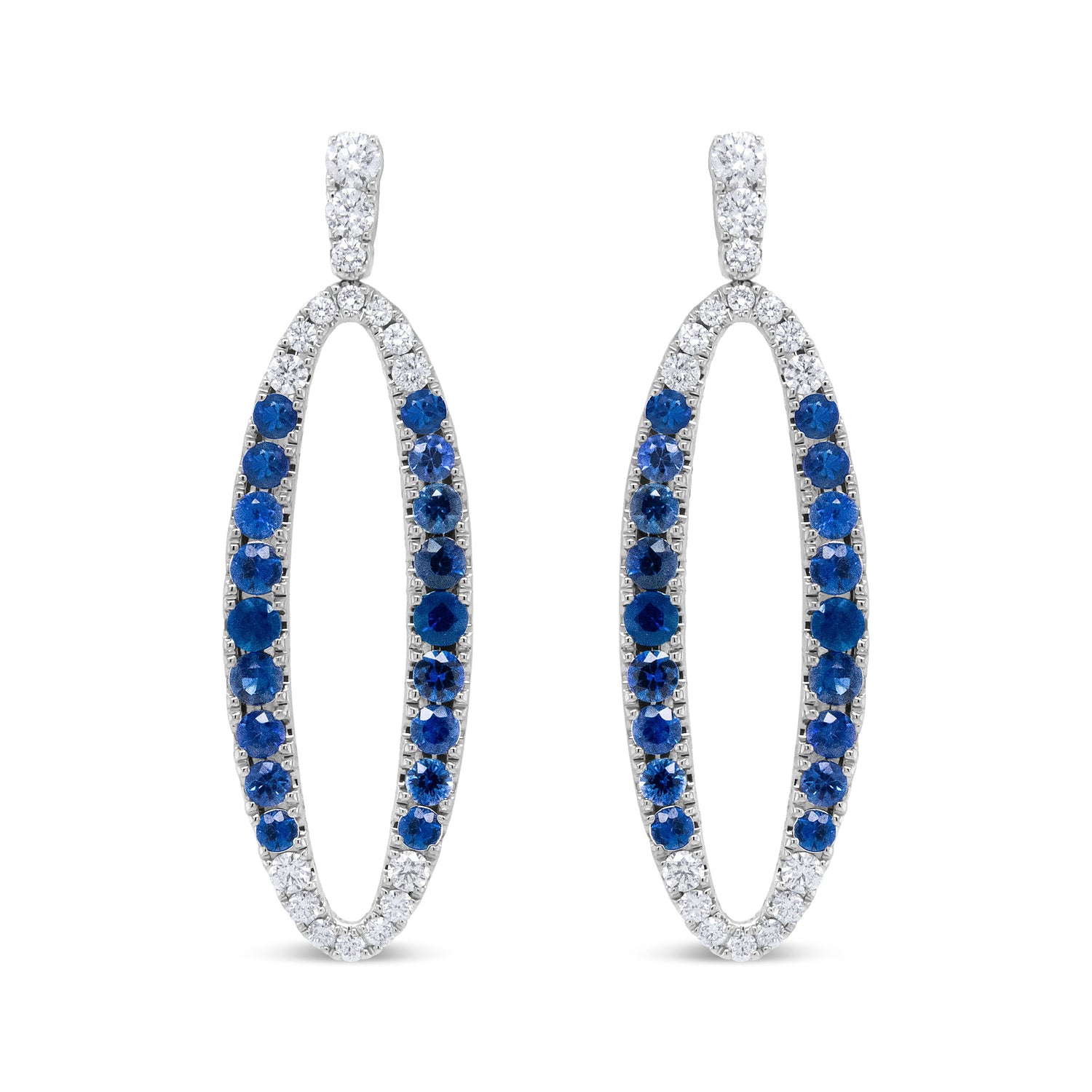 18K White Gold 1.11 Cttw Blue Round Diamond and Blue Sapphire Openwork Oval Shaped Dangle Earrings (F-G Color, VS1-VS2 Clarity) by Bids.com