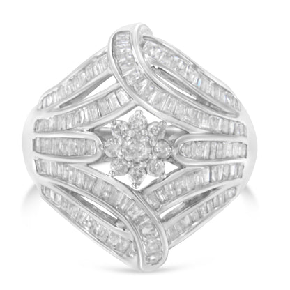 .925 Sterling Silver 1-1/8 Cttw Round &amp; Baguette Diamond &