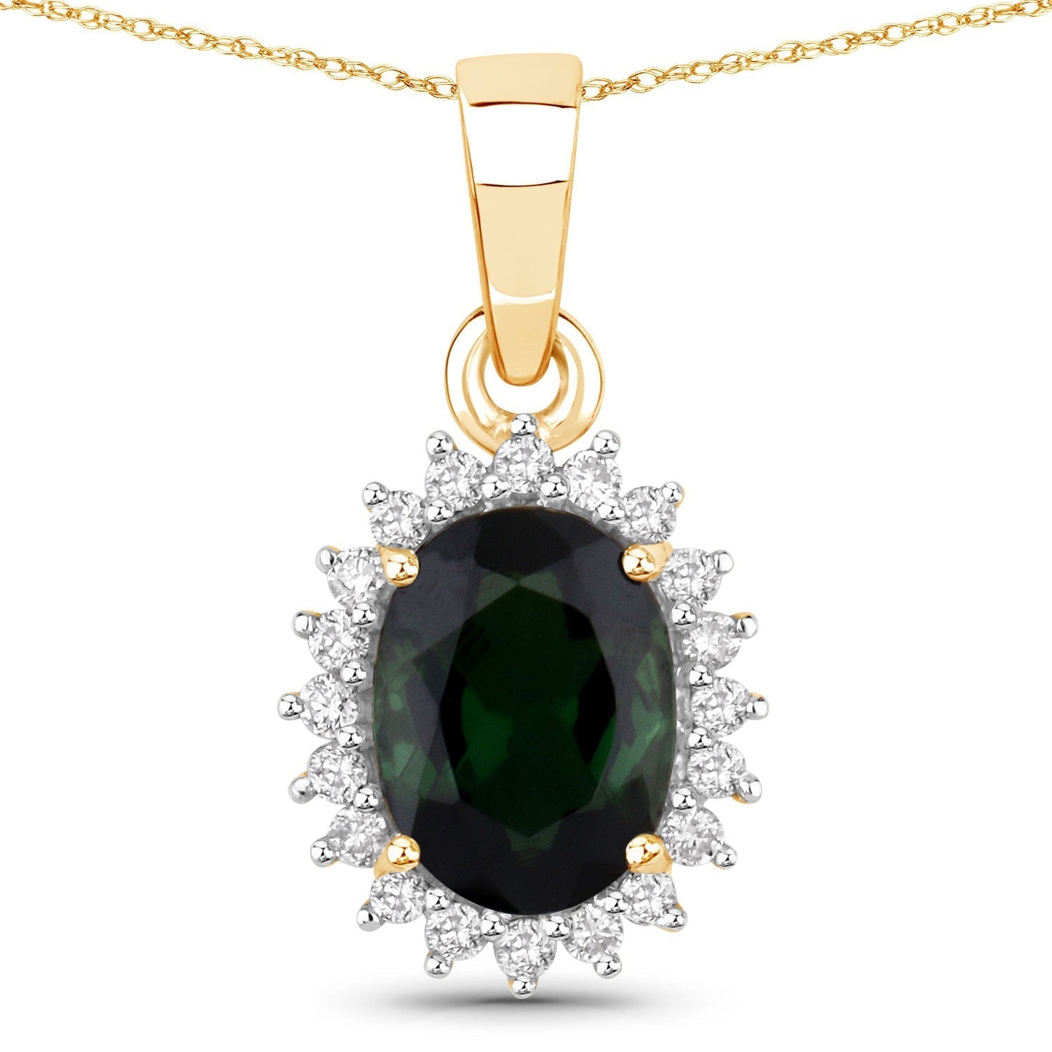 1.39 Carat Genuine Green Tourmaline and White Diamond 14K Yellow Gold Pendant  DestGlow