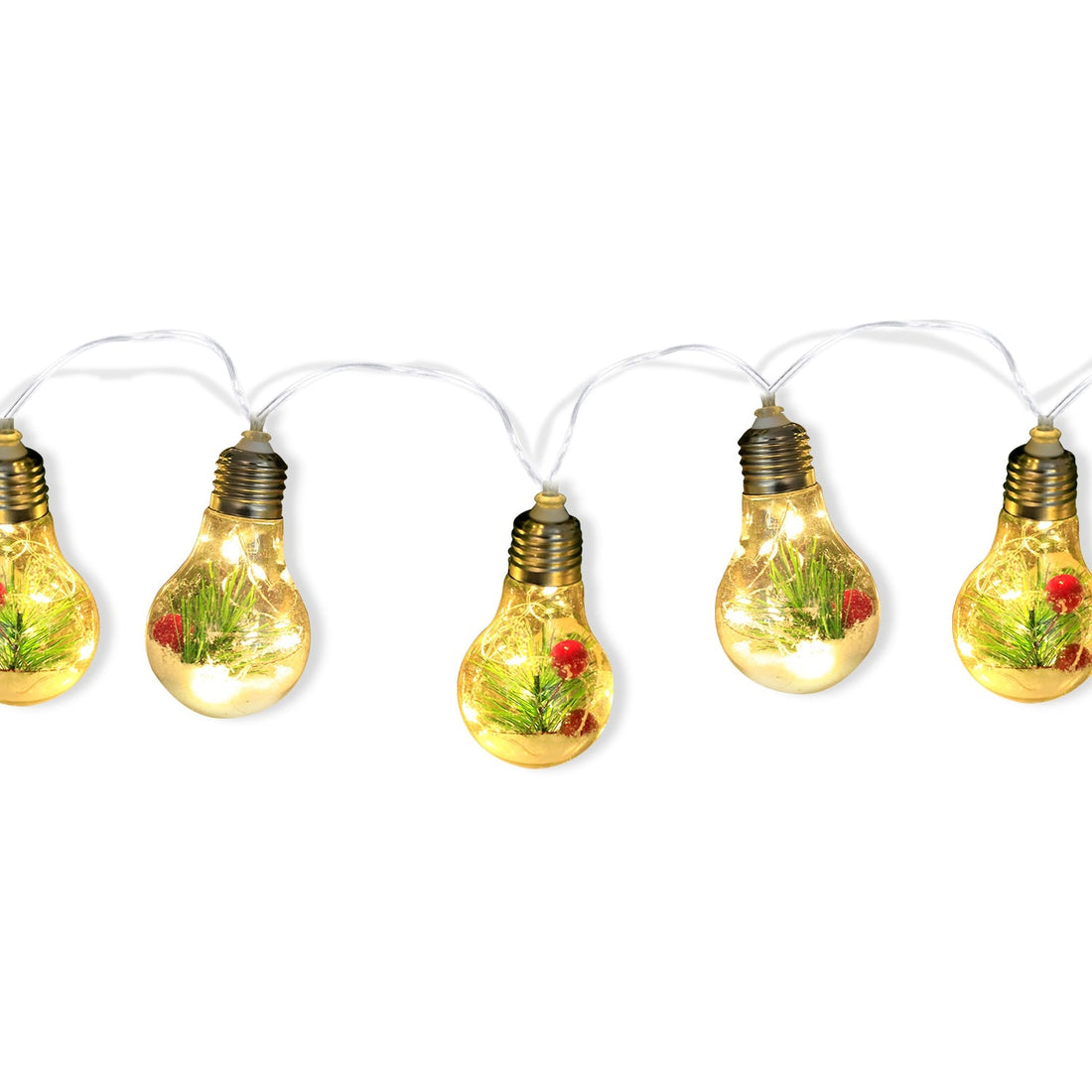 13.78FT Christmas Snow Globe String Light Battery Powered 10 LED Bulbs Indoor Christmas Lights with Pine Needles Snowflakes Berries 