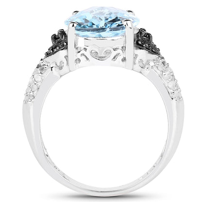 5.37 Carat Genuine Swiss Blue Topaz, Black Diamond &amp; White Topaz .925 Sterling Silver Ring by Bids.com